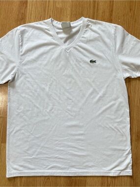 Lacoste White V Neck T Shirt Crocodile Logo Large